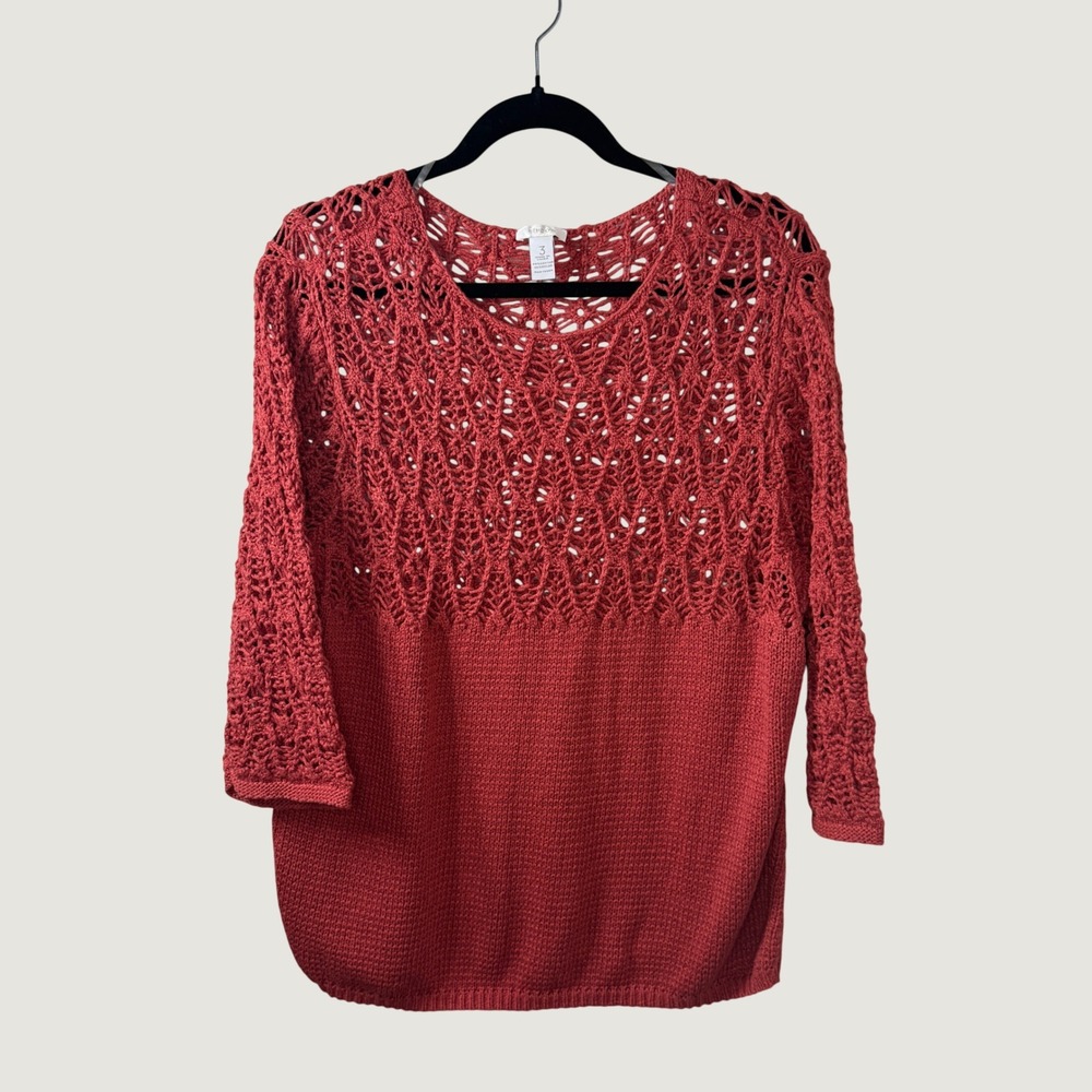 Chico's Open Knit Crochet Sweater Terracotta Orange Size 3 XL Boho Layering